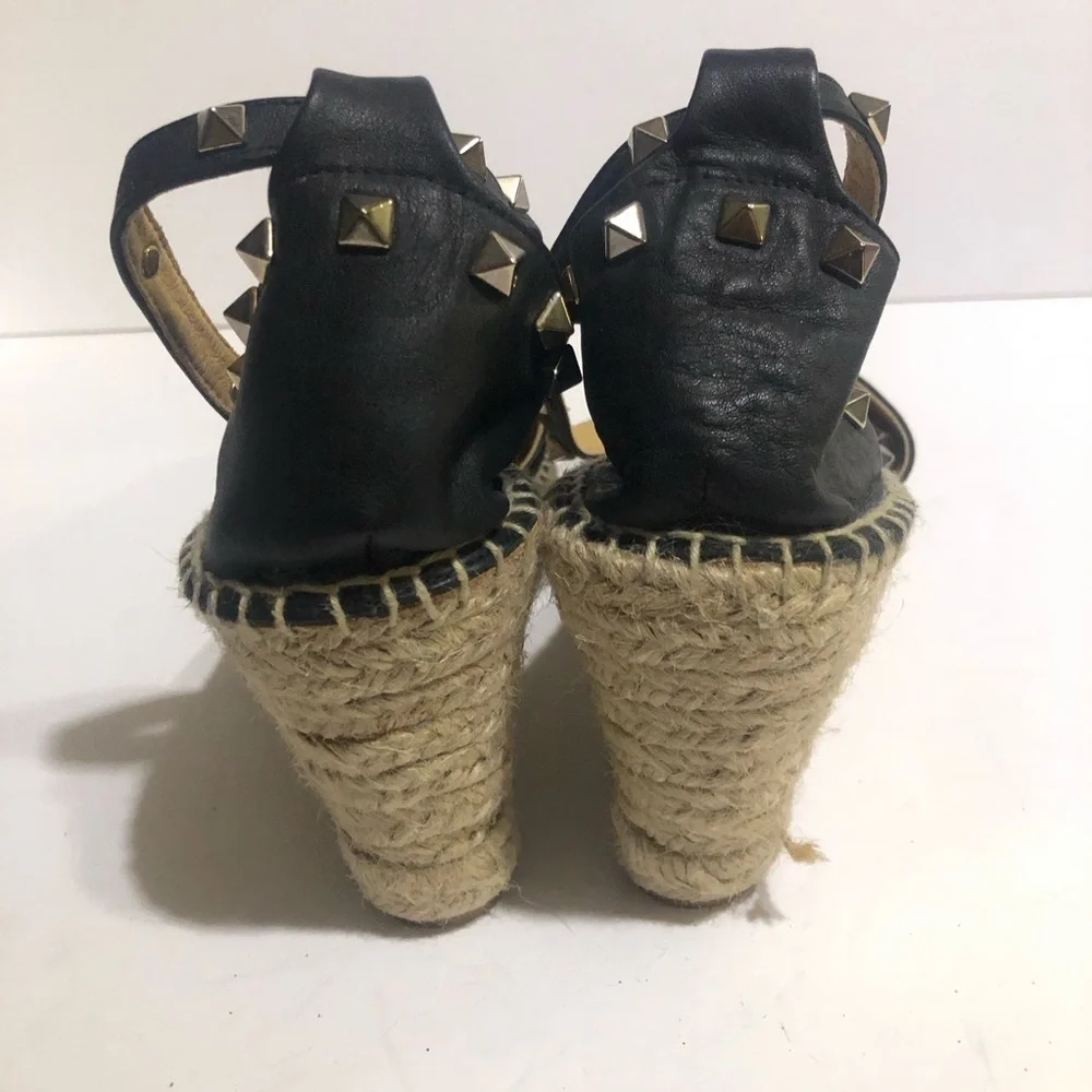 Black Espadrille Wedge Sandals with Ankle Wrap and Stud Detail
